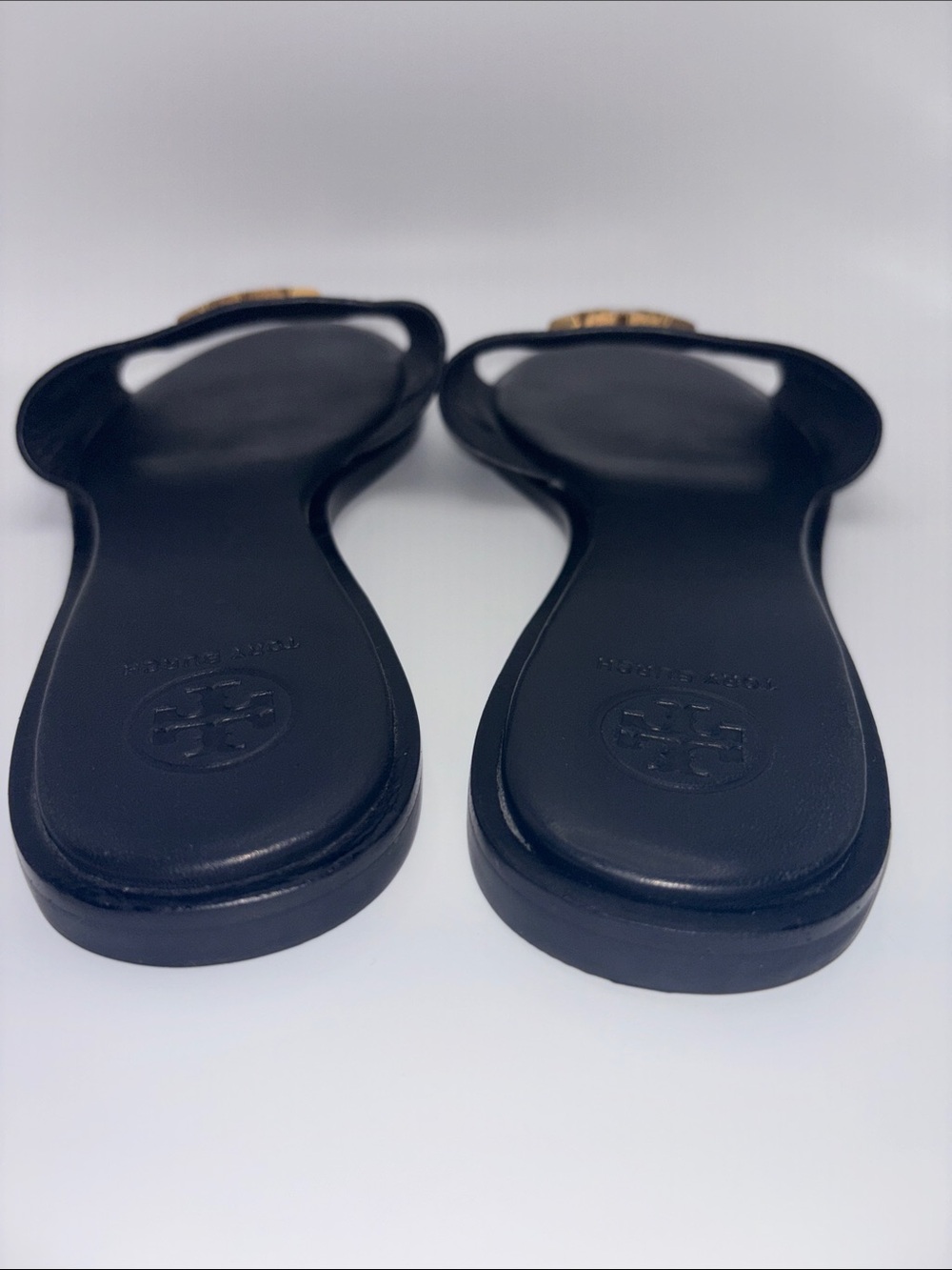 Tory Burch Black Leather Slide Sandals with Gold Logo - Picture 6 of 9